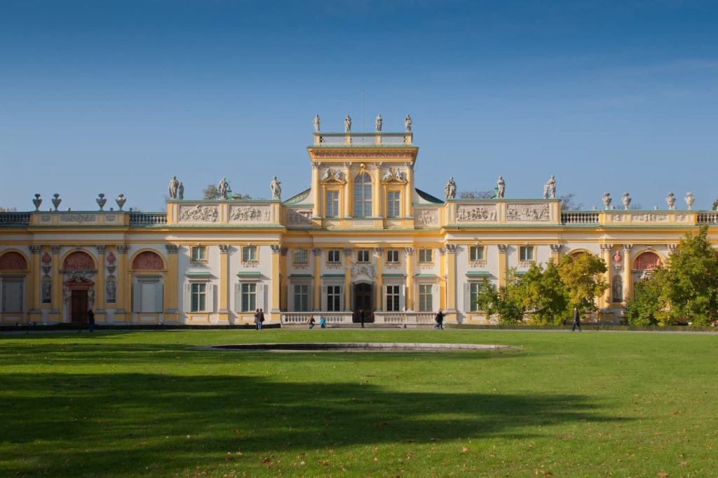 The ornate façade of Wilanów Palace in Warsaw.