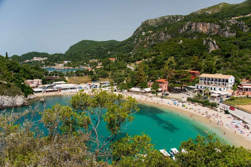 Aerial view of Agios Spyridon Beach in Paleokastritsa, Corfu