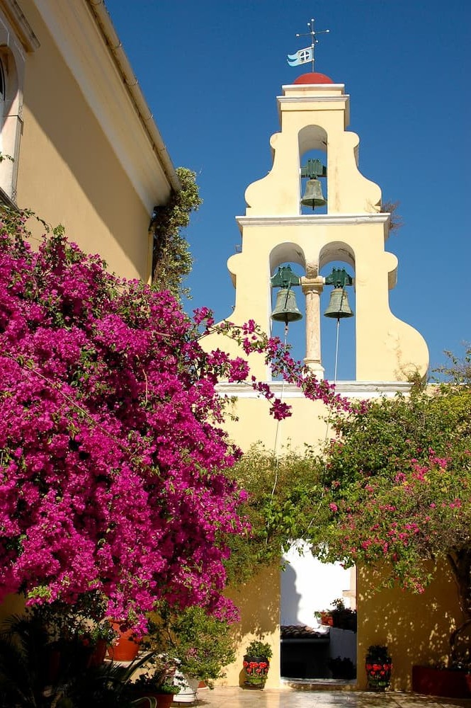 Pink bougainvillea at Paleokastritsa Monastery