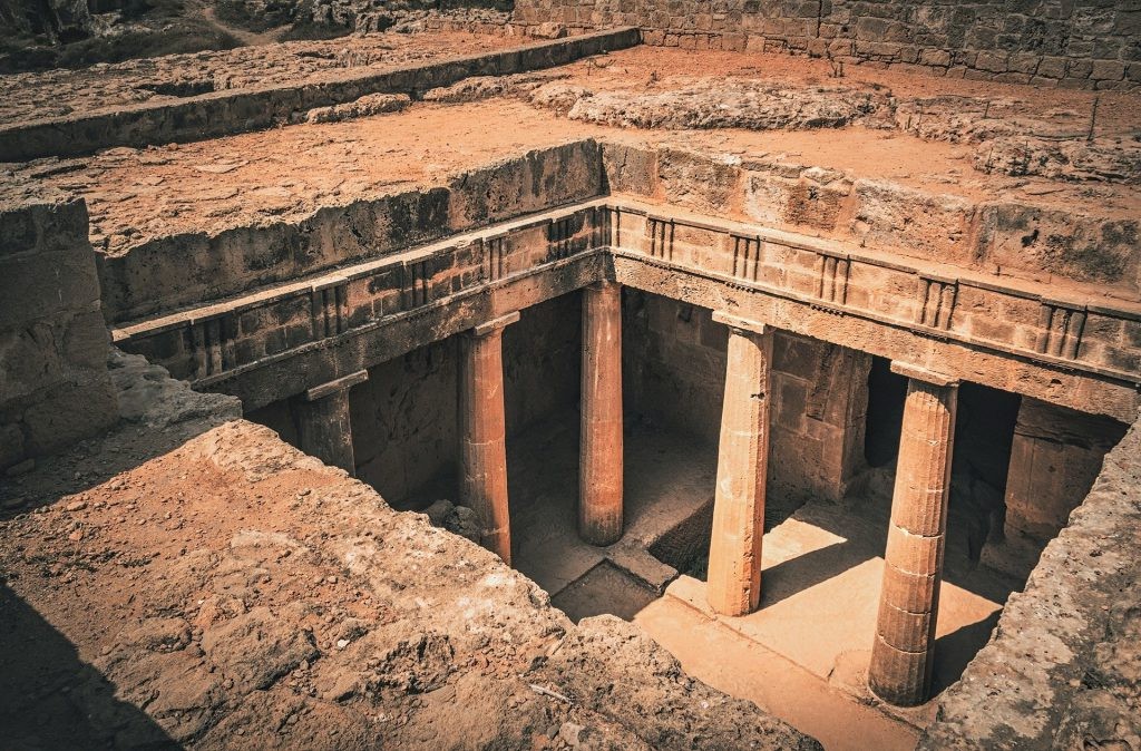 Rock-cut chambers at the Tombs of the Kings archaeological site in Paphos.